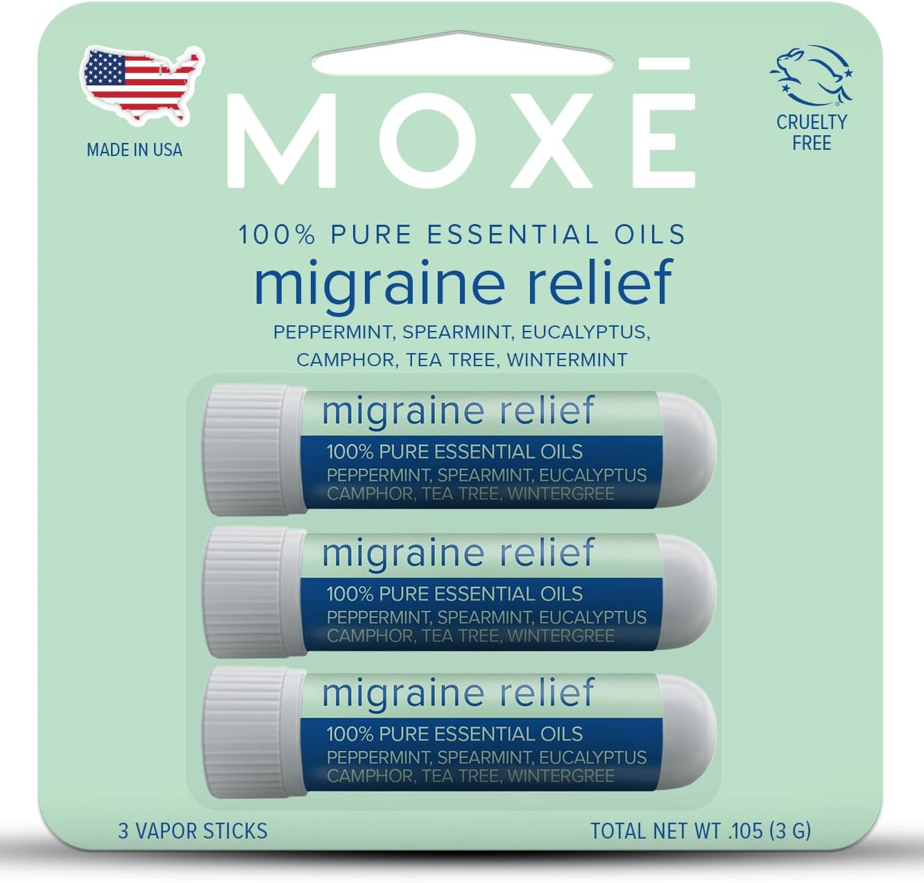 MOXE Migraine Relief Nasal Inhalers, Essential Oils for Headaches & Tension Relief, Portable Aromatherapy, Easy-to-Use, Pure & Undiluted, Peppermint, Spearmint, Eucalyptus, Tea Tree, USA Made, 3 Pack