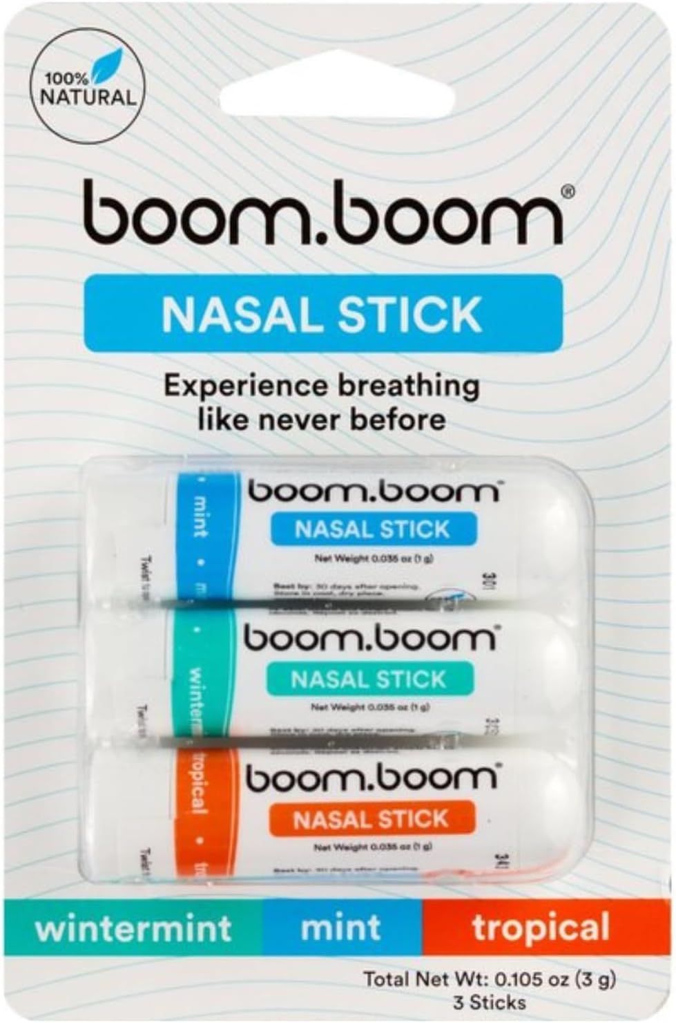 BoomBoom Nasal Stick (3 Pack) | Vapor Flow Technology | Better Breathing + Natural Focus | Cool Refreshing Sensation | Premium Essential Oils + Menthol Inhaler (Mint, Wintermint, Tropical)
