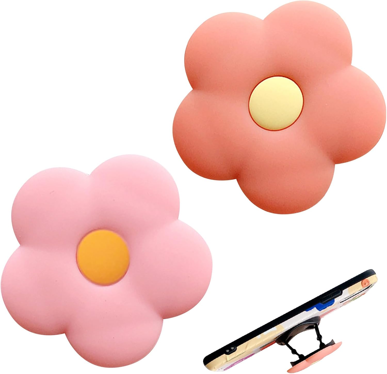 Phone Ring Holder, 2Pcs Flower Silicone Mobile Phone Grip Stand, Universal Cute 2d Flower Cell Phones Holder, Collapsible Expandable Telephone Accessory for Phones and Tablets