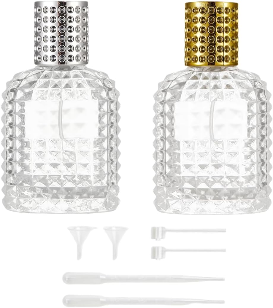 MEETOZ 2 Pack Refillable Spray Bottles Perfume Atomizer, Clear Glass Empty Fine Mist Spray Bottle, Portable Perfume Mist Spray Bottle Travel Perfume Dispenser (50ML, Gold & Silver)