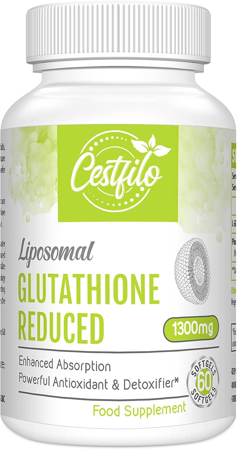 Cestfilo Liposomal Glutathione Reduced 1300 mg, Active Form L Glutathione Reductase (GSH), Powerful Antioxidant for Optimal Cell Protection (60 Count (Pack of 1))