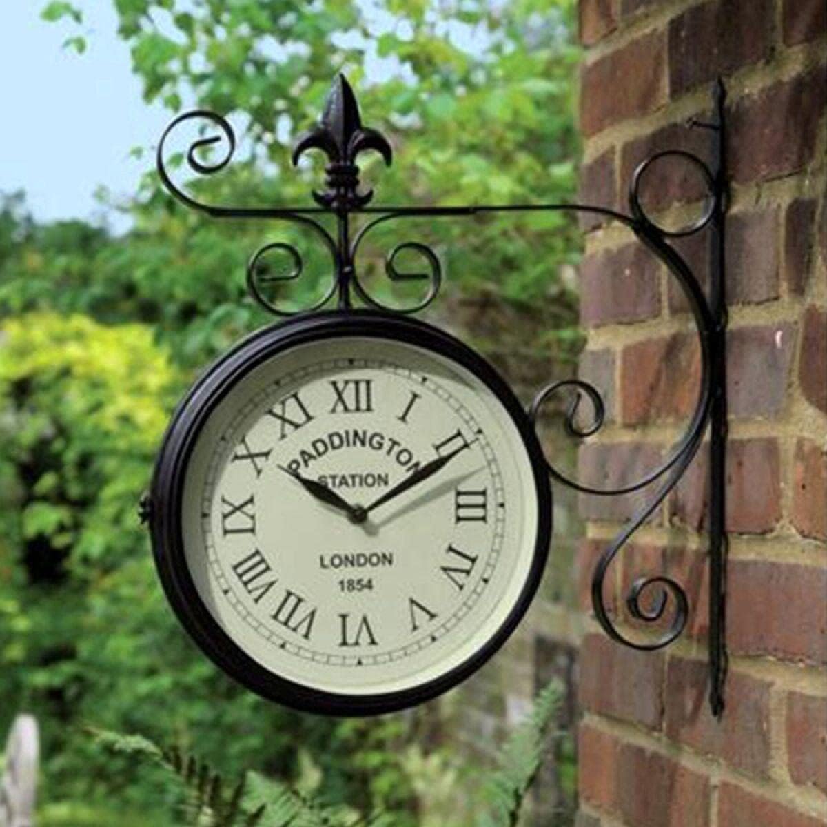 Charles Bentley Paddington Outdoor And Indoor Double Sided Wall Clock, Black, Analogue Design, Plastic, Metal, Quiet Ticking, Roman Numerals, Vintage, Patio Clock, Living Room, Kitchen (32x27x9.5cm)
