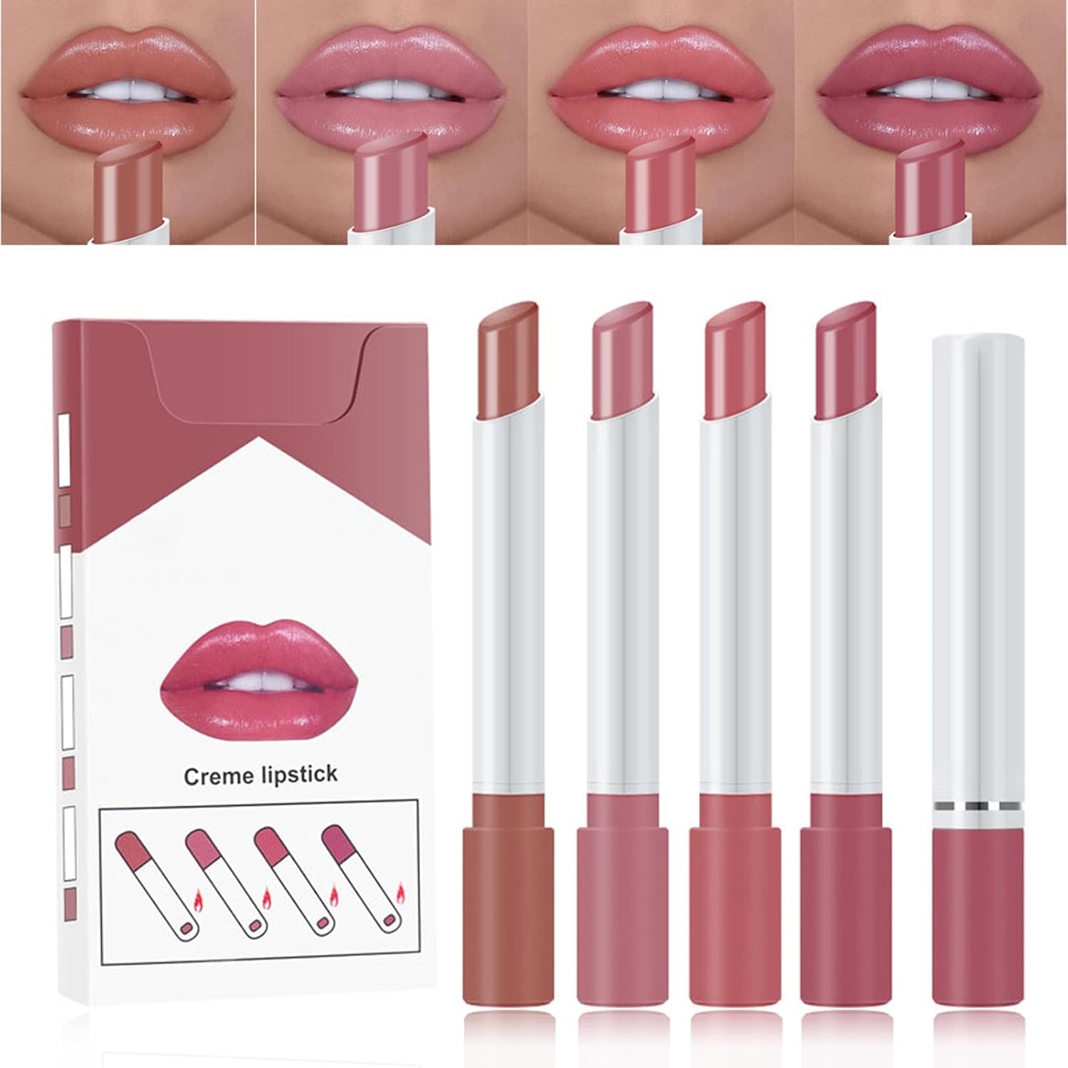 MEITREND Plumping Lip Gloss Set,Lipstick Sets 4 Pcs High Pigmented Velvety Nude Cigarette Lipgloss, Long Lasting Non-Fading Waterproof Shimmer Liquid Lipsticks,Makeup Sets For Women Gifts Surprise