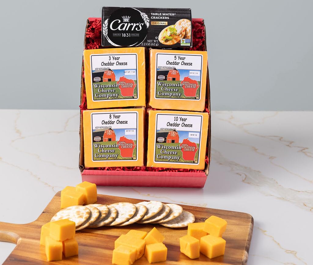 Wisconsin Cheese Company - 100% Wisconsin Aged Cheddar Cheese & Cracker Gift Box - Aged Cheddar (3 Year, 5 Year, 8 Year & 10 Year) | Premium Wisconsin Cheese | Large Gift Box | Perfect for Parties, Charcuterie Boards and Birthday Gifts