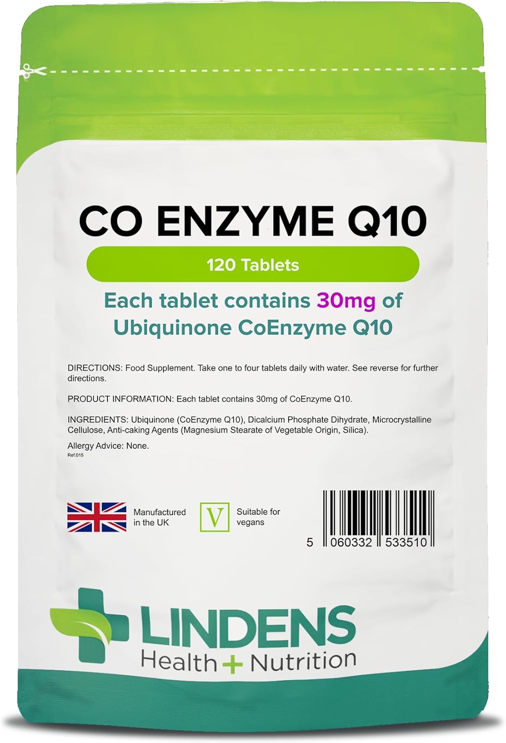 Lindens - Coenzyme Q10 30mg - 120 Tablets - UK Made - Popular for Statin Users | Protection from Oxidative Stress | CoQ10 Ubiquinone | Ubiquinol | Letterbox Friendly, Vegan