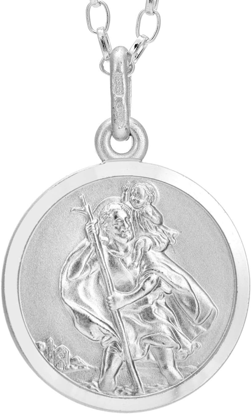 Alexander Castle Reversible 925 Sterling Silver St Christopher Pendant Necklace - 16mm with 18" Sterling Silver Chain & Jewellery Gift Box