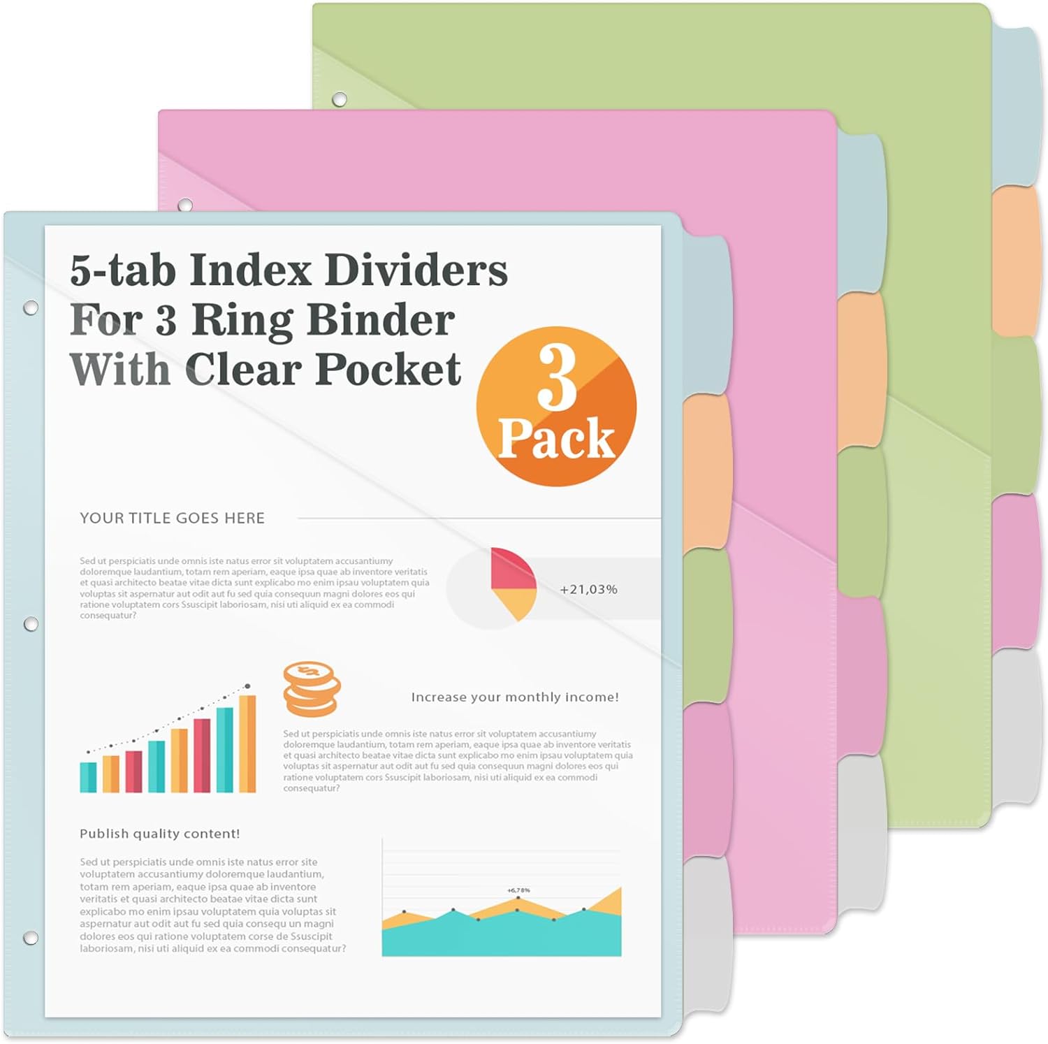 Jyusmile 3 Set 5-Tab Binder Dividers with Front Pocket, Index Dividers for 3 Ring Binder, Pastel Colors Plastic Dividers with 3 Punch Holes, 15 Pcs for School & Office