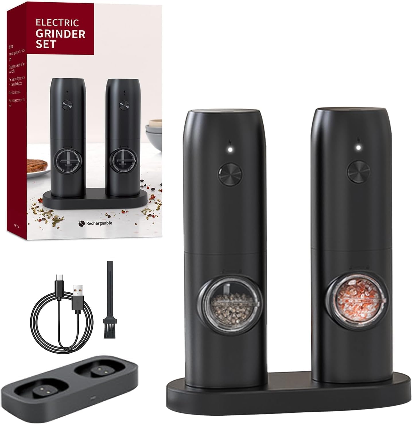 Woeau Rechargeable Electric Salt and Pepper Grinder Set - 2PCS USB Pepper Mills Grinders with Base and Cleaning Brush, Adjustable Black Pepper Grinder Mill for BBQ Resturant Kitchen