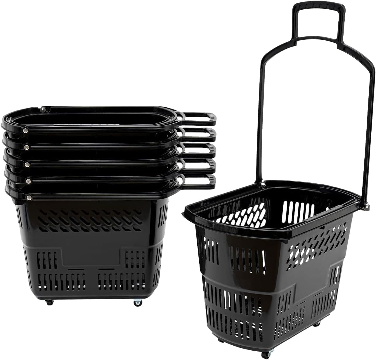 6PCS Trolley Rolling Plastic Basket Set - 35 Litre Portable Shopping Basket with 4 Wheels and Handle for Supermarkets, Retail Stores, Bookstores (Black)