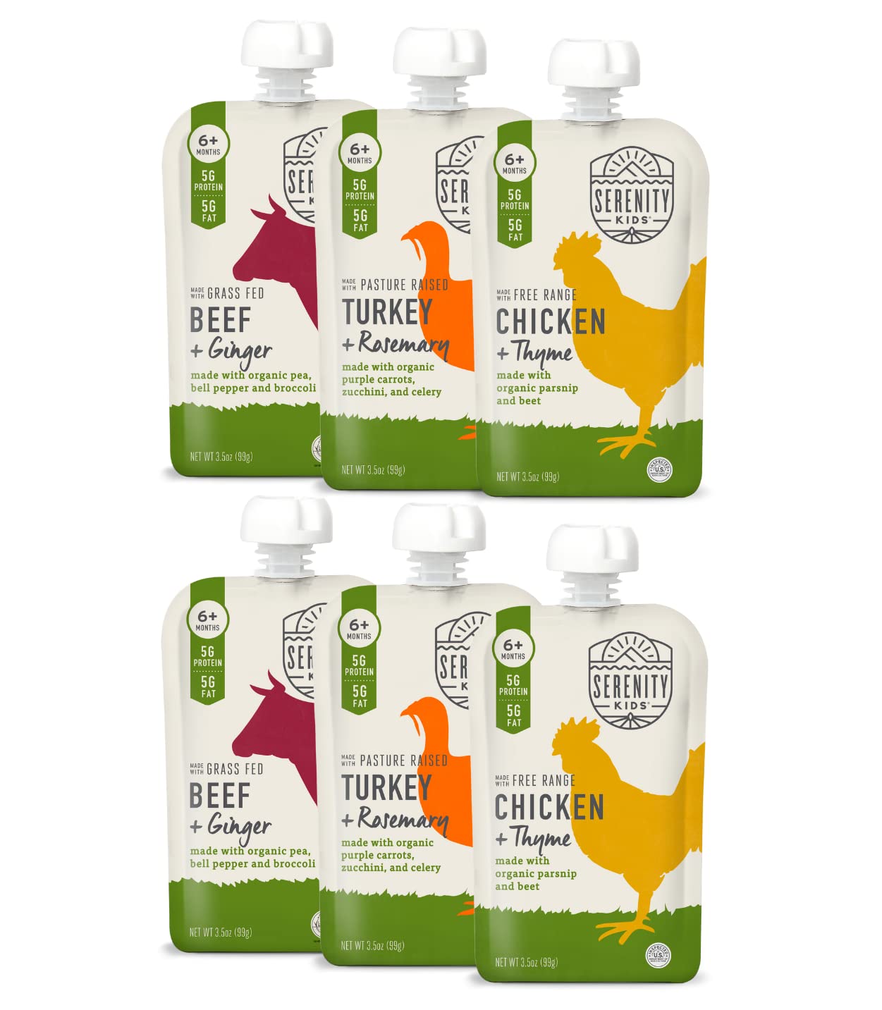 Serenity Kids 6+ Months Baby Food Pouches Puree with Ethically Sourced Meat & Organic Veggies - 3.5 oz BPA-Free, Meat & Herbs Variety Pack - 6 Count