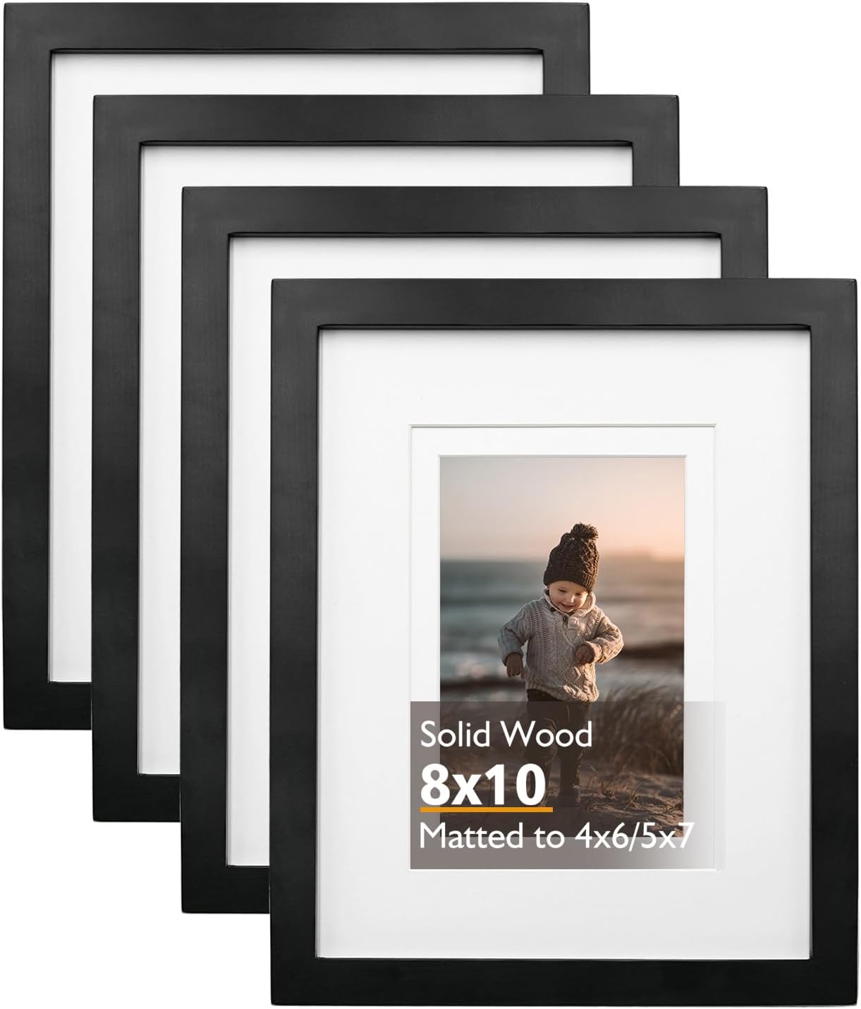 KINLINK 8x10 Picture Frame Black, Solid Wood Frames with Acrylic Plexiglass for Pictures 4x6/5x7 with Mat or 8x10 without Mat, Tabletop and Wall Display Photo Frame, Set of 4