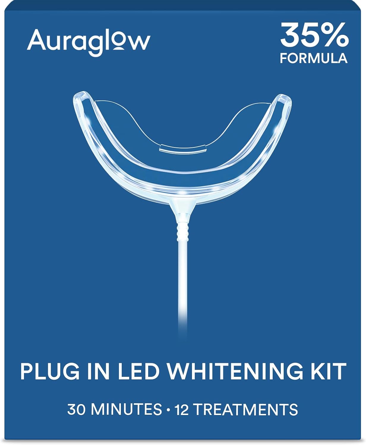 Auraglow Plug-in LED Teeth Whitening Kit – Wired Light Device – 35% Carbamide Peroxide Gel – 12 Treatments – at-Home Tooth Whitening System – Enamel-Safe at-Home Whitening for Coffee & Tea Stains