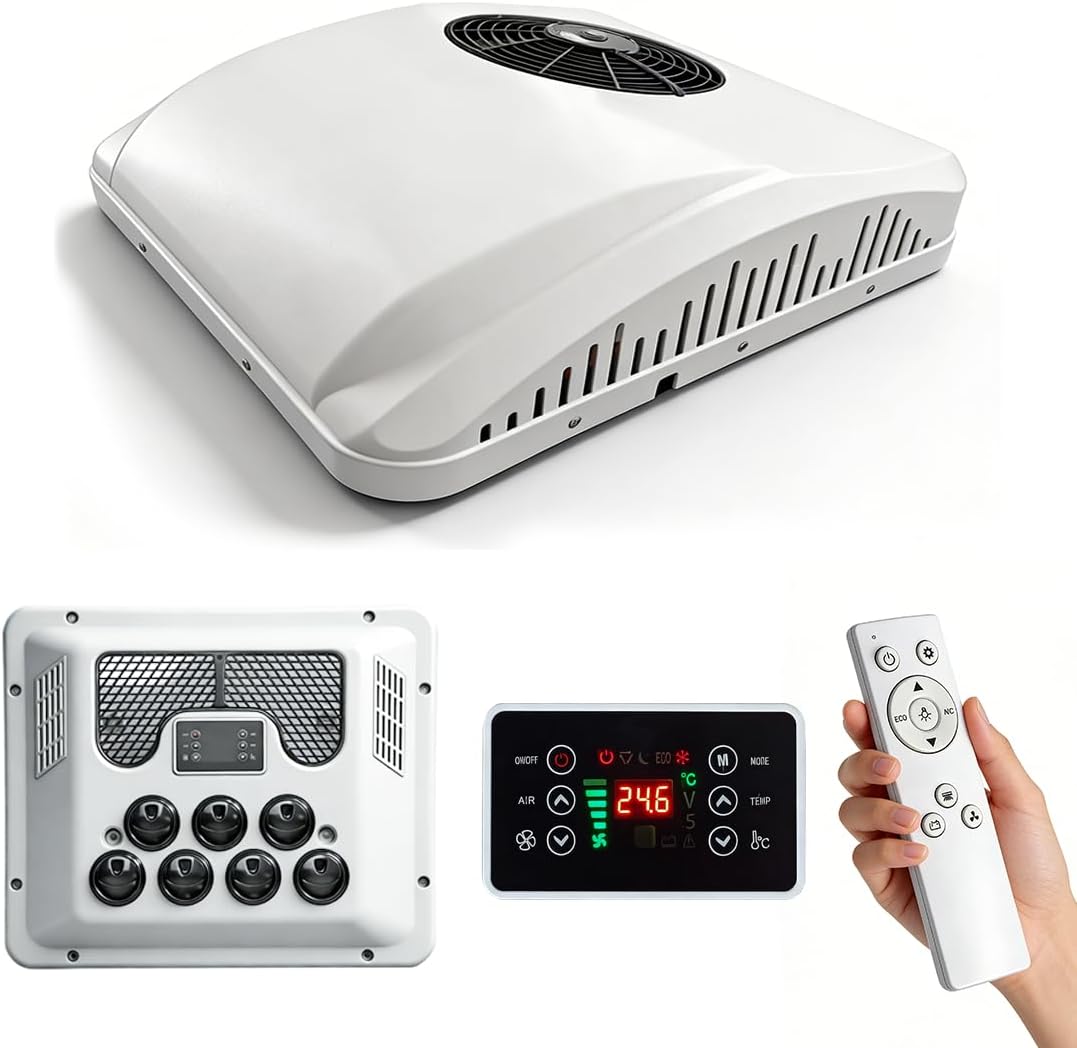 12V RV Air Conditioner with Heat 11000 BTU Cooling & 3500 BTU Heating, Low Profile Rooftop AC Unit for Off-Grid Campers Van Life Boats Trailers, Fast Cooling Quiet Operation Solar & Battery Powered