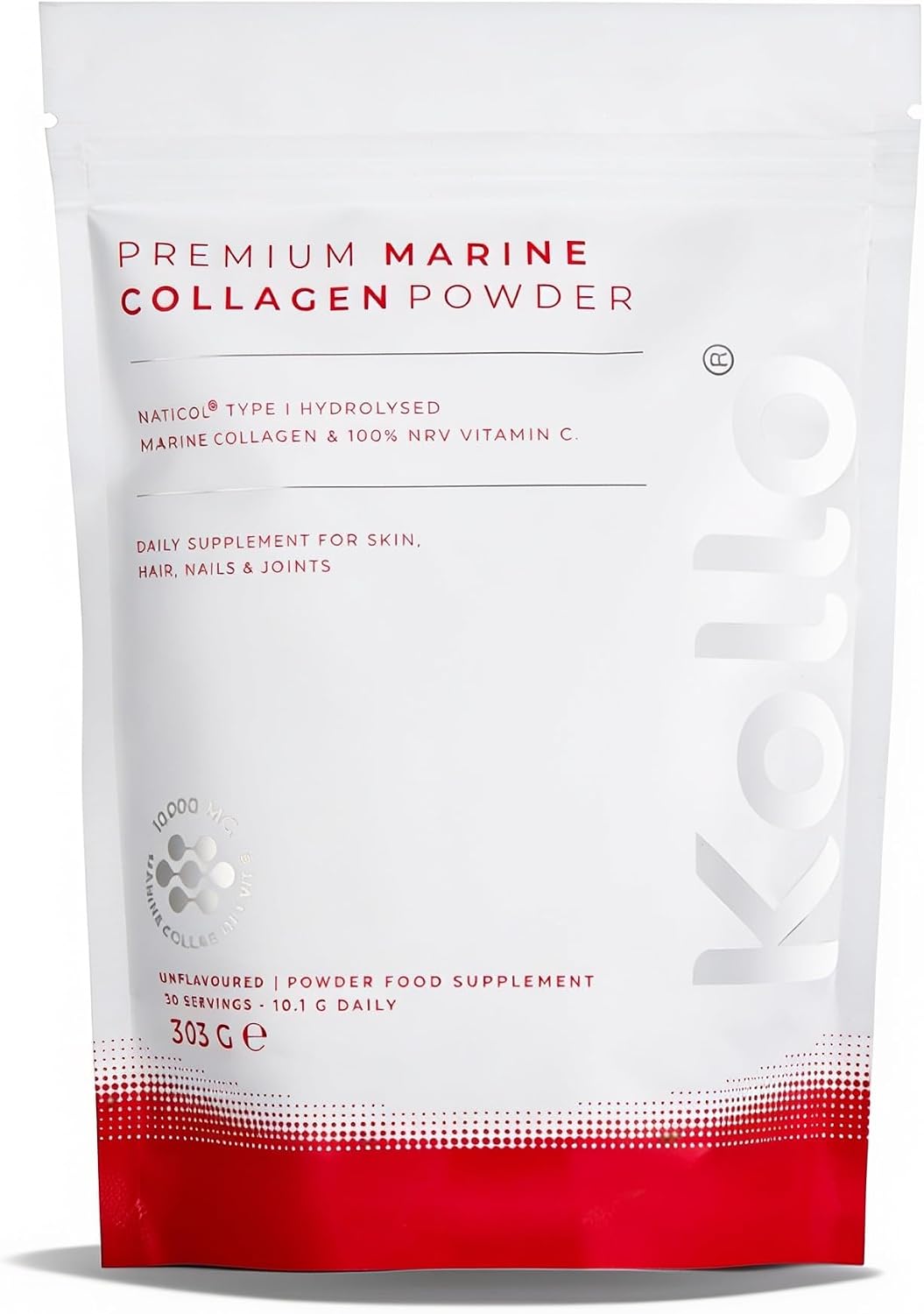Kollo Premium Marine Collagen Powder with Vitamin C, 10,000mg Hydrolysed Marine Collagen Peptides (Naticol® 4000), 100% NRV Vitamin C, Unflavoured Powder for Women-Men, Hair, Skin, Nails, 30 Servings