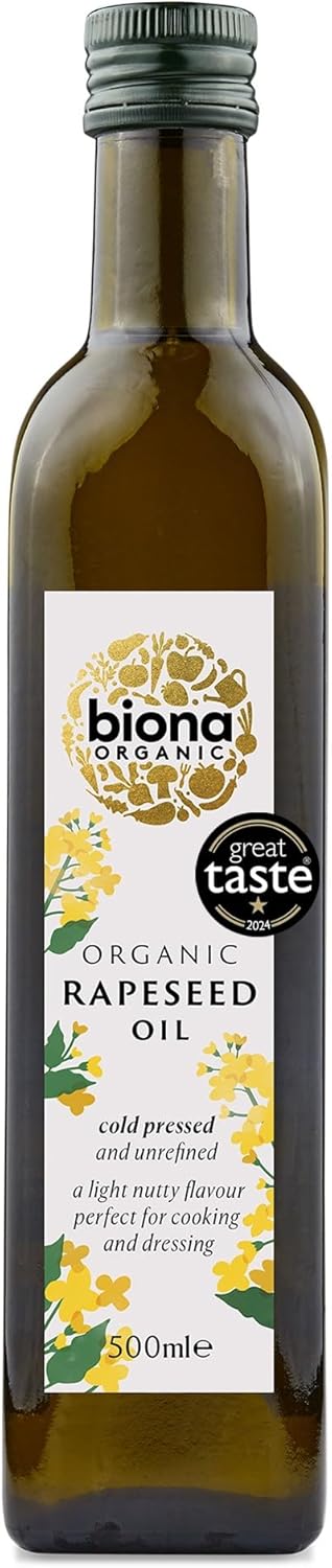 Biona Organic Cold Pressed Rapeseed Oil 500ml - Great Taste Award 2024 Winner - Unrefined, Light Nutty Flavour - Low in Saturated Fat - Ideal for Cooking, Roasting & Salad Dressings - Vegan