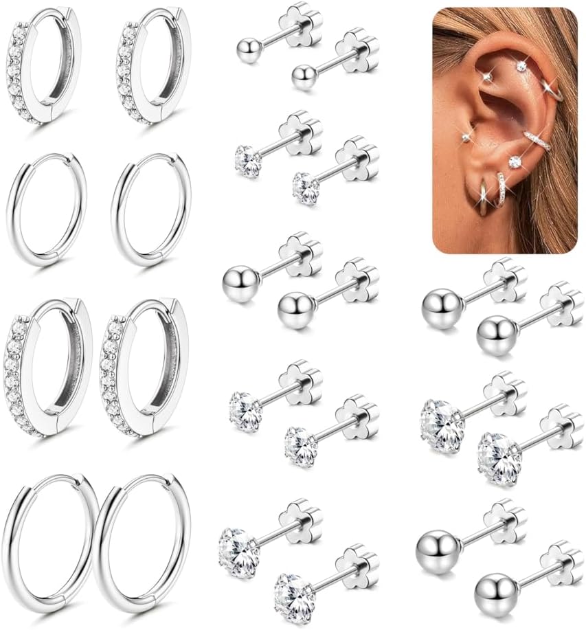 Adramata 12 Pairs Stud Earrings for Women Surgical Steel Earrings Hypoallergenic Huggie Hoop Earrings Tiny CZ Flat Back Earrings Set Helix Piercing Cartilage Earrings Gold Silver Earrings for Women