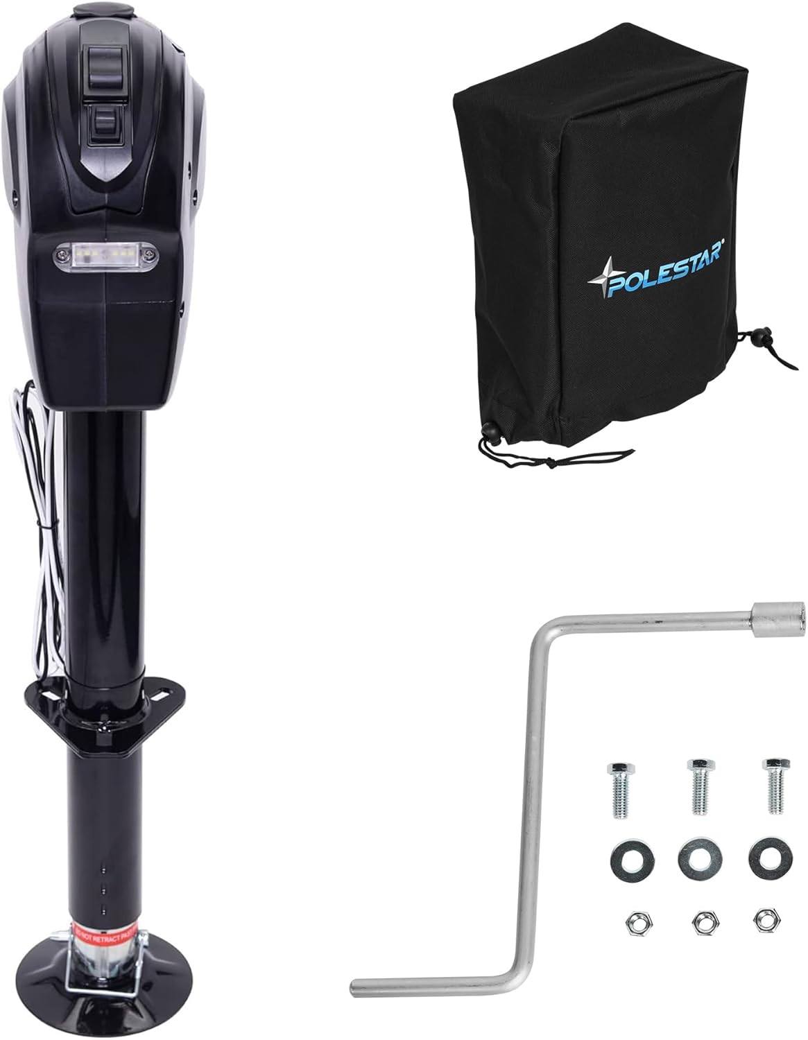 POLESTAR Electric Trailer Jack, 5000lbs Electric Power A-Frame Tongue Jack with Waterproof Protective Cover & LED Light for Travel Trailer Camper, RV, 12V DC with Hard Wiring, 9"-27" Lift