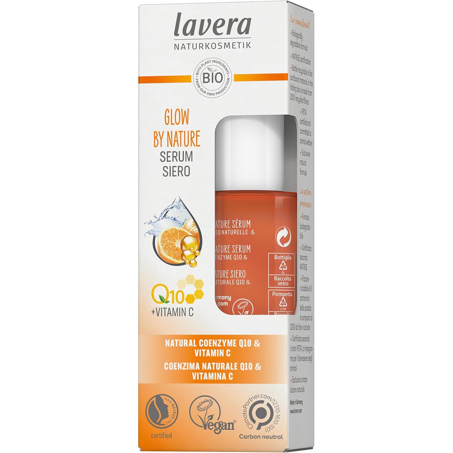 lavera Glow by Nature Serum - Face Serum with Q10 & Vitamin C for a Radiant Complexion - Moisturizing Facial Serum - Anti Wrinkle - PETA Certified - Vegan - Made in Germany - 1 Fl Oz