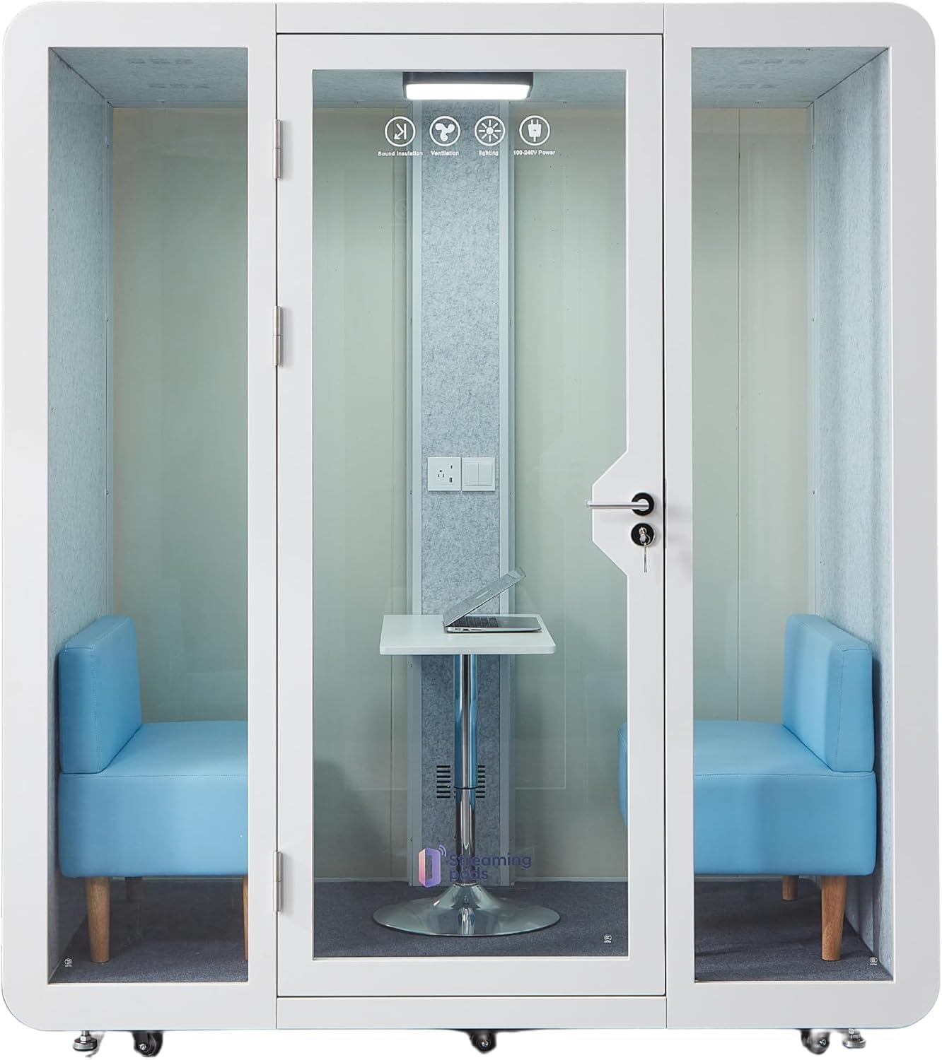 GEARONIC Mobile Office Pod Booth, Sound Proof Office Pod Booth with Mobile Roller, Larger Space for 2-4 People, LED Lighting System,Fans and AC USB Ports