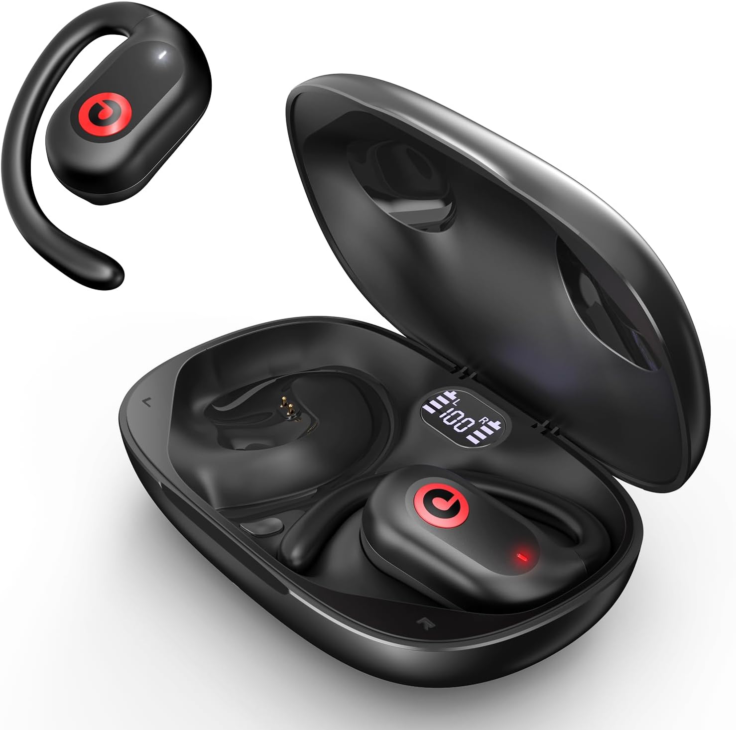 PSIER Open Ear Headphones Wireless Earbuds with LED Digital Display 40 Hrs Playtime Earbuds Bluetooth 5.3, Premium Sound True 16mm Speakers Air Conduction Earbuds for Running, Sports, Gym (Black)