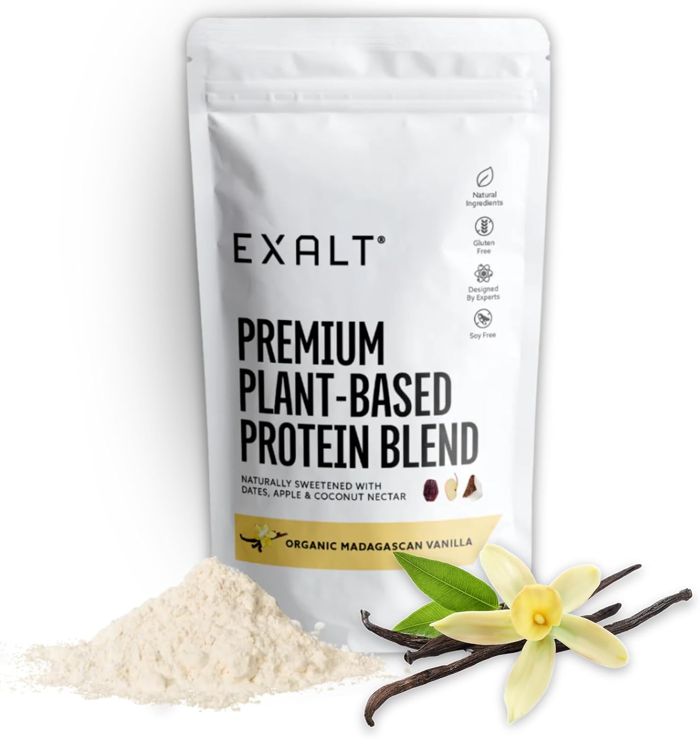 EXALT Natural Vegan Protein Powder - 100% Plant-Based – Gluten Free - No Artificial Flavours or Additives | Madagascan Vanilla | 500G