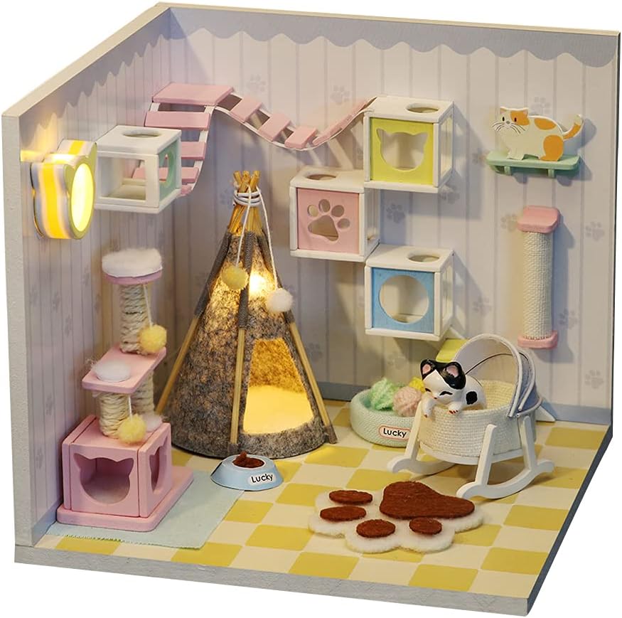 WDC 9 Combinable Dollhouses Macron Color Building Model Kit DIY Dollhouse Wooden Furniture Kit with Dust Cover Surprise Gifts (pet room)