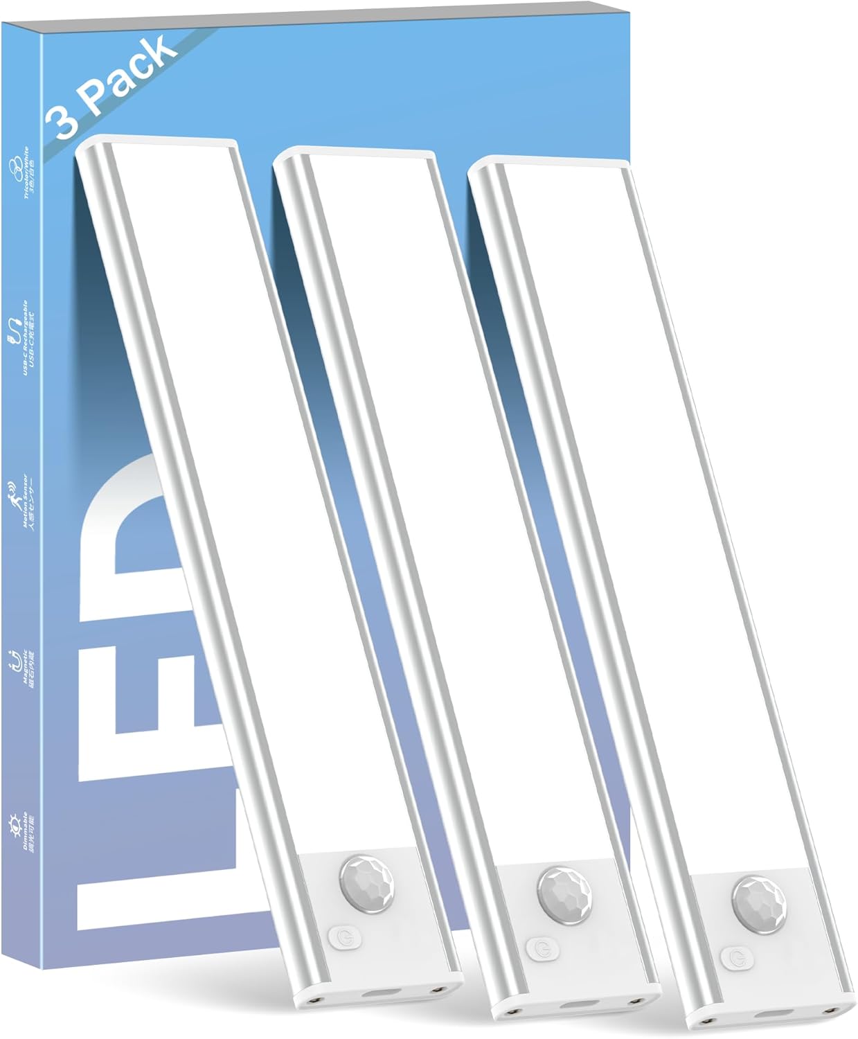 ASOKO Under Cabinet Lights Motion Sensor Light Indoor USB-C Rechargeable LED Closet Lights Battery Operated Under Cabinet Lighting Wireless Under Counter Lights for Kitchen(White,3Pack)