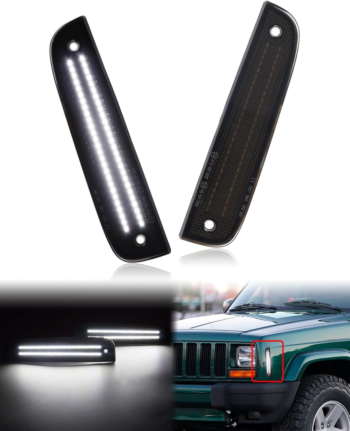 White LED Front Side Marker Light for Jeep Cherokee XJ 1997 1998 1999 2000 2001, Smoked Lens Front Bumper Corner Parking Signal Lamps，Pack of 2
