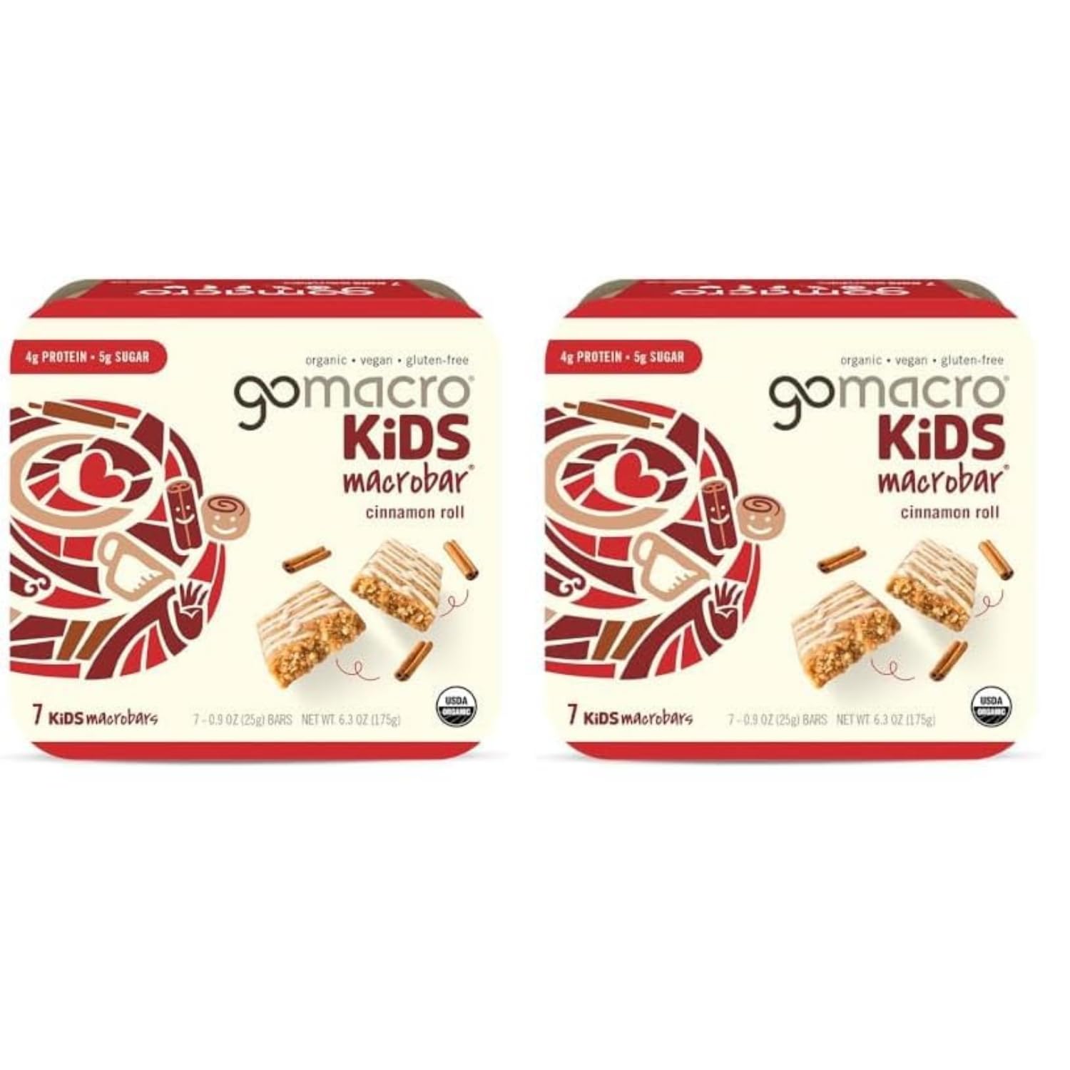 GoMacro Kids MacroBar Organic Vegan Snack Bars - Cinnamon Roll (0.90 Ounce Bars, 7 Count) (Pack of 2)