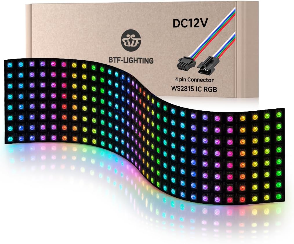BTF-LIGHTING DC12V 4PIN WS2815(Upgraded WS2812B) Dual Signal IC RGB 5050SMD Individually Addressable 8X32 256 Pixels LED Matrix Flexible FPCB Full Color Display Light IP30(No Adapter or Controller)