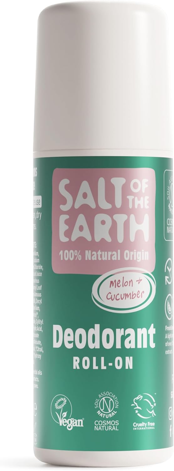 Salt of the Earth - Natural Deodorant Roll On - Melon & Cucumber - Vegan Formula with Effective Long-Lasting Protection, Made in the UK - Suitable for Women, Men & Kids - 75ml