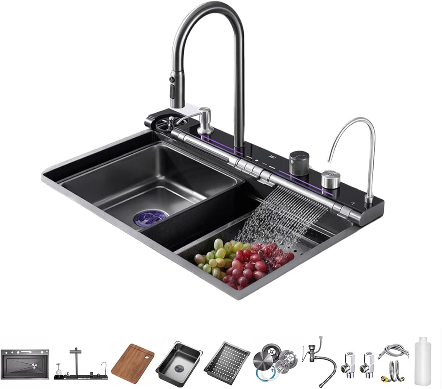 Kitchen Sink Set, 304 Stainless Steel Nano Waterfall Home Sink Vegetable Basin Single Honeycomb Embossing,with Two Waterfalls, Functions with LED Display (75 * 45 * 22)