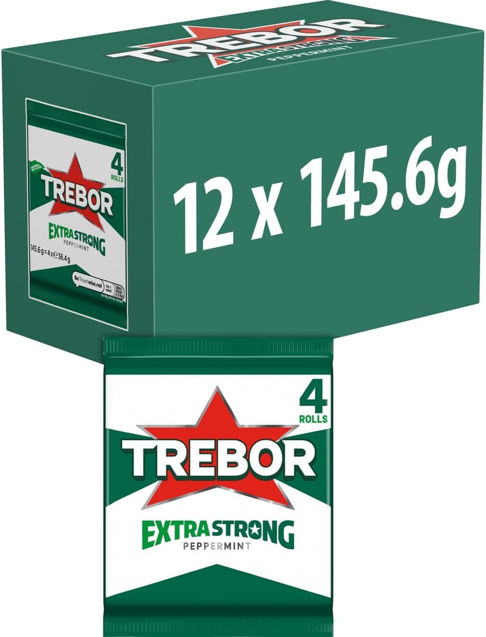 Trebor Extra Strong Peppermint Mint Sweets, 4 Pack Rolls, 146 g (Pack of 12)