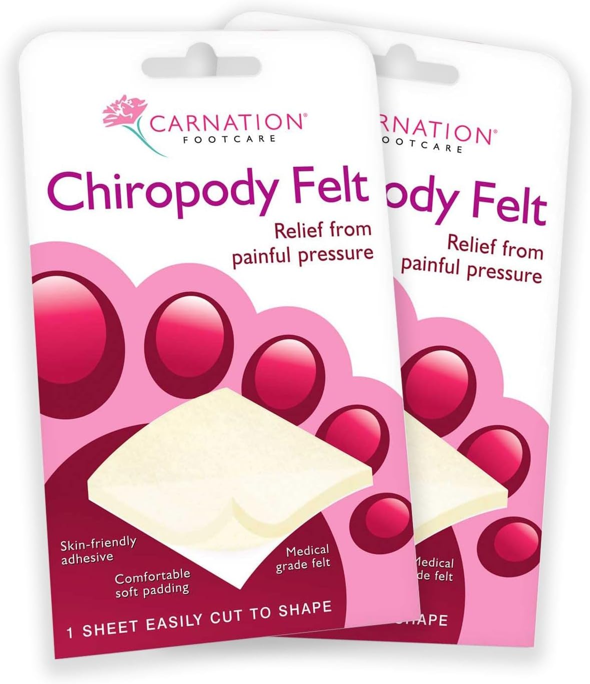 CARNATION Chiropody Felt, Ideal for Relieving Pressure and Friction on Heels, Balls of feet, Arches and Tops of feet. Cut to Shape. Sheet Measures 11.5cm x 7.5cm. Twin Pack