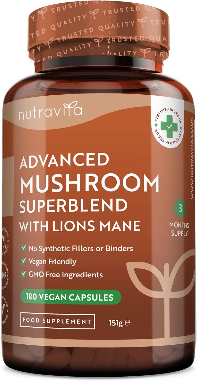High Potency Mushroom Complex 14400mg Superblend with Lions Mane - 6 Mushroom Complex with Chaga, Cordyceps, Shiitake, Reishi, Maitake and Lions Mane - 180 Vegan Capsules - Made in The UK