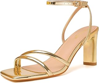 RIBONGZ Womens Strappy Heels Square Open Toe High Heels for Women Ankle Strap Chunky Heeled Sandals Wedding Bridal Shoes Comfort High Heel Sandals Dress Party Shoes