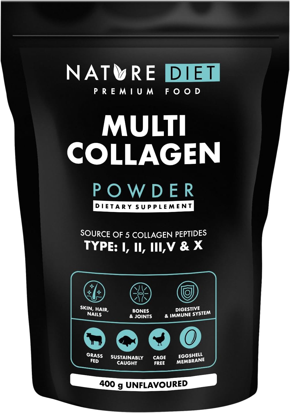 Nature Diet Multi Collagen Powder Unflavored 400G, Hydrolysed Highly Bioavailable Collagen Peptides Type: I, II, III, V and X, Protein Powder, Collagen Supplements for Woman