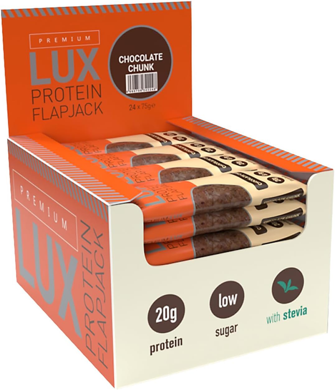 Premium LUX Protein Flapjack Bars - High Protein, Low Sugar Snack – Bodybuilding Warehouse - Chocolate Chunk (24 x 75g)