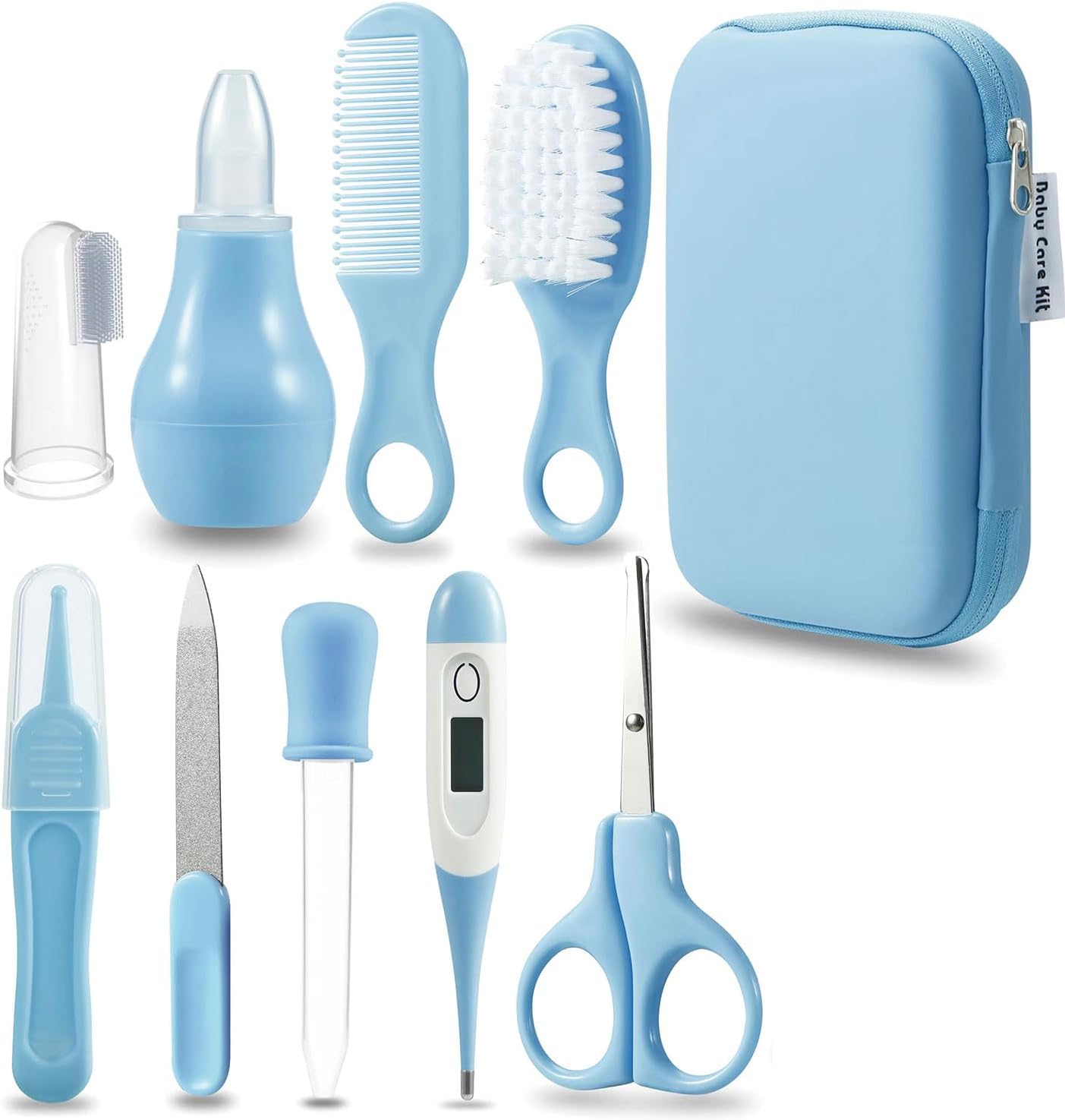 PandaEar Baby Healthcare and Grooming Kit, Baby Safety Set Baby Comb, Brush, Finger Toothbrush, Nail Clippers, Scissors, Nasal Aspirator, Baby Essentials Nursery Care Kit (Blue)