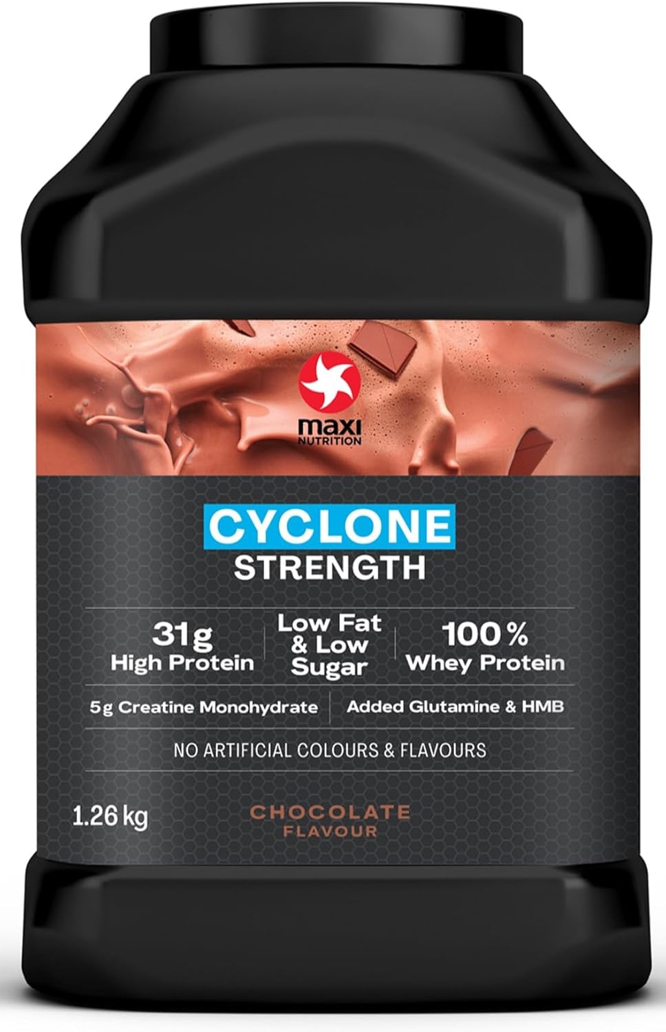 MaxiNutrition - Cyclone, Chocolate - Premium Whey Protein Powder with Added Creatine – Low in Sugar and Fat, Vegetarian-Friendly - 31g Protein, 204 kcal per Serving, 1.26kg