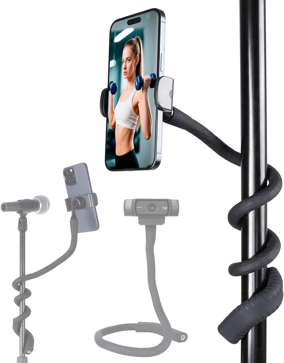 Portable Flexible Phone Holder with Handle for Treadmill, Spin Bike, Stroller, Tripod, Shopping Cart, Desk, Logitech Webcam, 23.6" / 60cm Long Arm Gooseneck Phone Mount for 4.7”- 7" Cell Phones