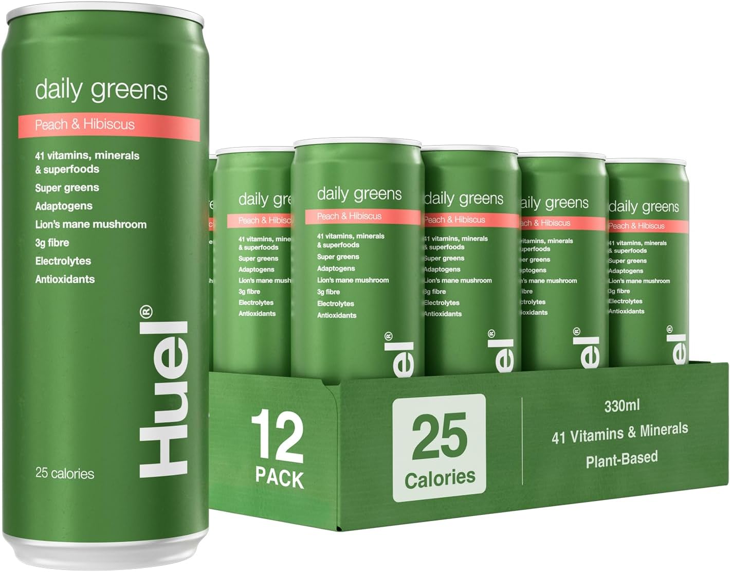 Huel Daily Greens Sparkling Drink, 12 x 330ml Cans, Peach & Hibiscus Flavour, with Ashwagandha Root & Green Tea Extract, 41 Vitamins & Minerals, 3g Fibre, Only 25 Calories, Vegan