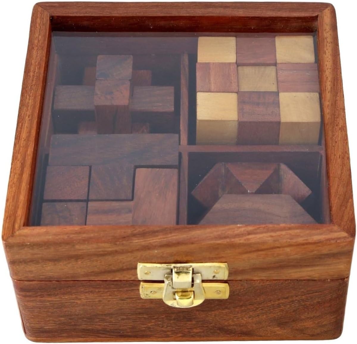 Ajuny Wooden Puzzle Games Box Set - Challenging Brain Teasers 3D Puzzles for Teens and Adults with Decorative Storage Box Glass Lid Interlocking Games for IQ Test Handcrafted Game Gifts