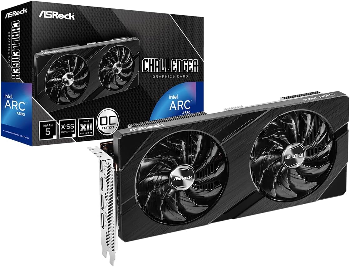 ASRock Intel Arc A580 Challenger 8GB OC Graphics Card, Intel Xe HPG Architecture, 8GB GDDR6, PCIe 4.0, Dual Fans, 0dB Silent Cooling, DisplayPort 2.0