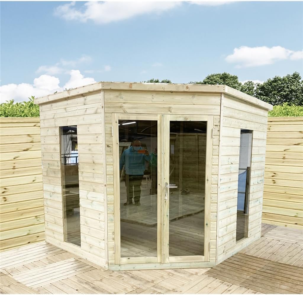 6 x 6 Corner Pressure Treated Tongue & Groove Pent Summerhouse + Safety Toughened Glass + Euro Lock with Key (6' x 6' / 6ft x 6ft)