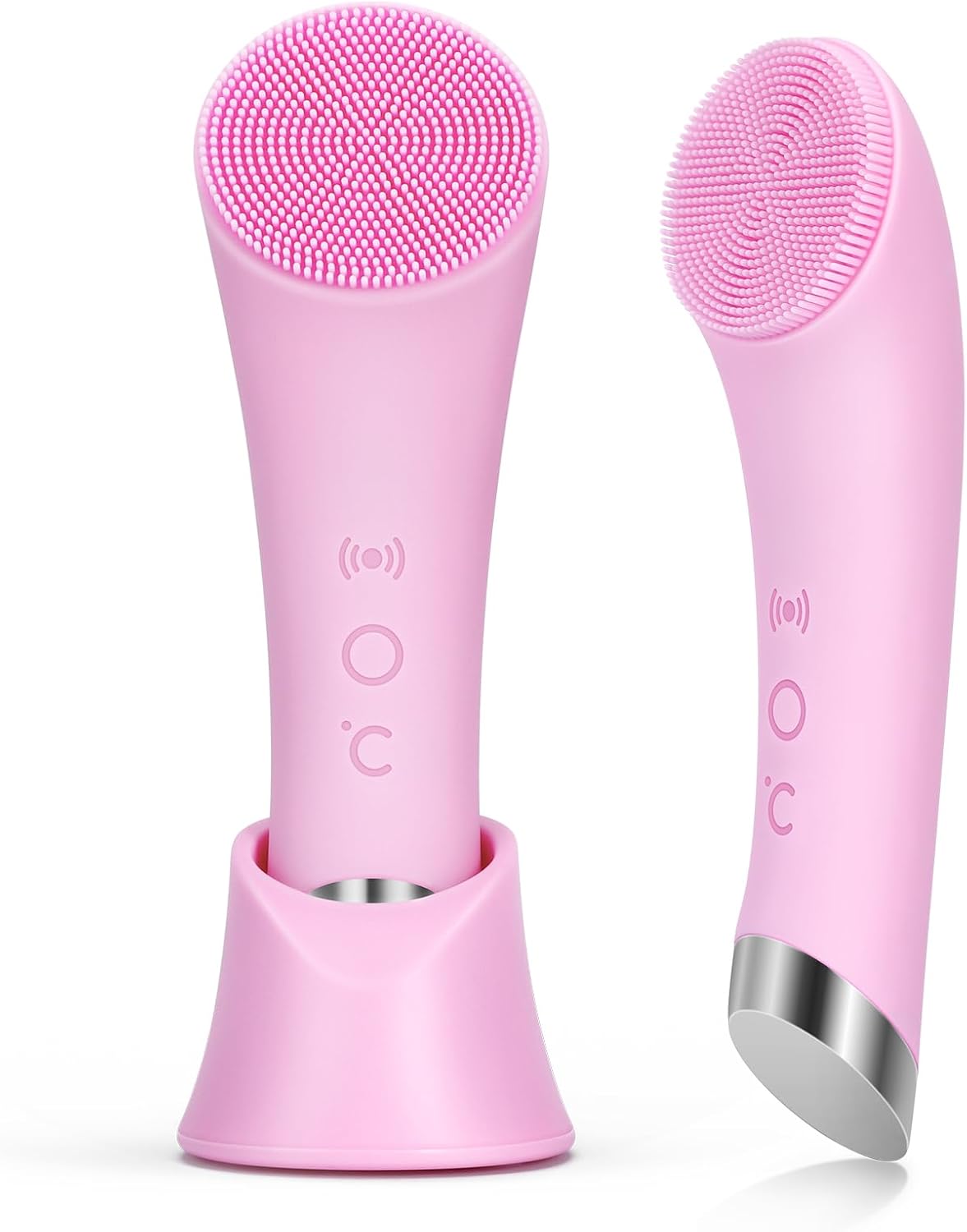 PRITECH Facial Cleansing Brush, Rechargeable Silicone Face Scrubber with Heat Massage End, Vibrating Exfoliator Scrubber for Deep Cleaning, Waterproof Face Brush for Women and Men (Pink)