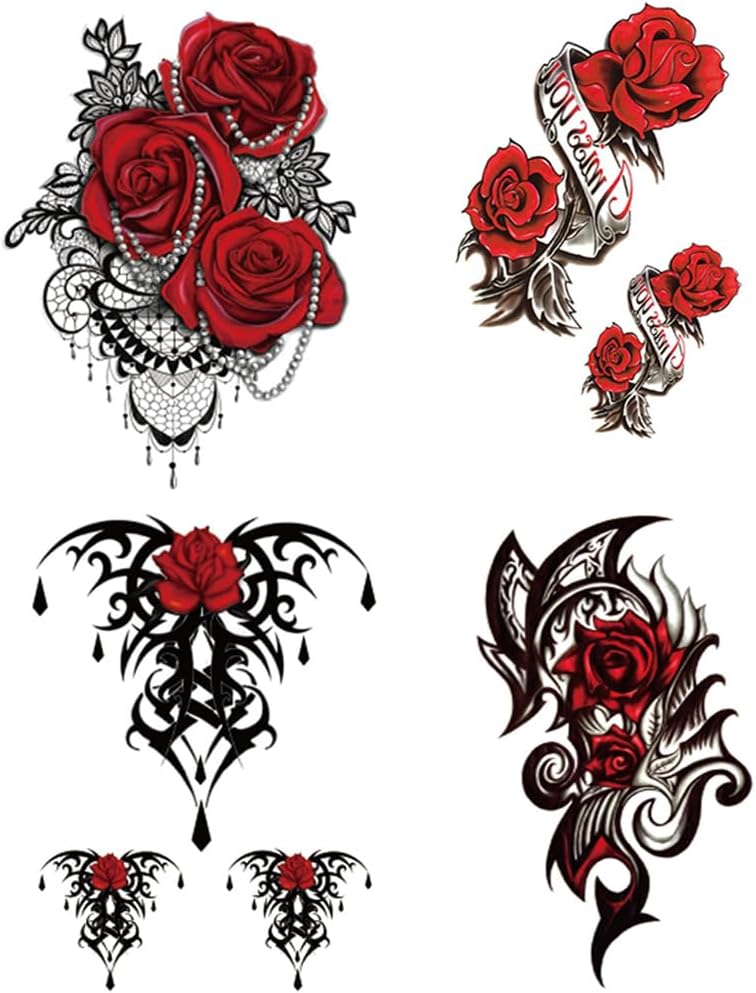 Yesallwas 4 Sheets Large Temporary Tattoo Sticker Fake Tattoos for Women Girls Models,Waterproof Long Lasting Body Art Makeup Sexy Realistic Arm Tattoos -Rose, Flowers，Jewelry 5.9x8.26inche (A)