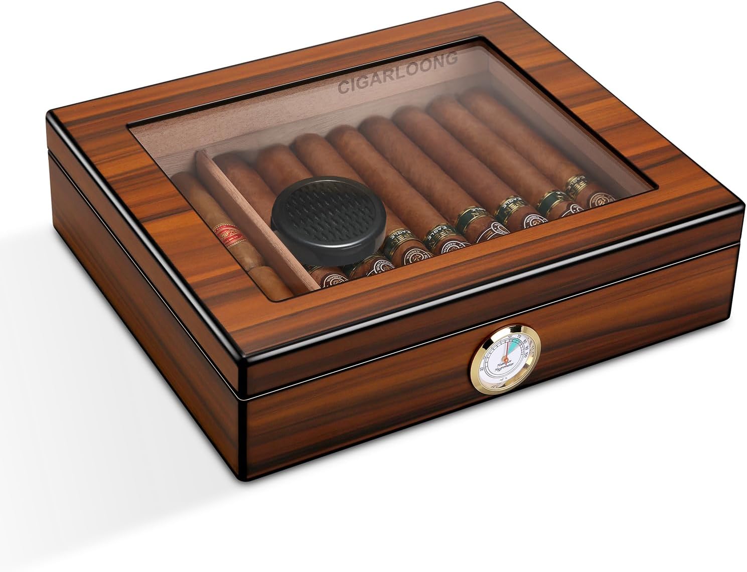 CIGARLOONG Cigar Humidor Brown 20-25 Desktop Cedar Wood Lined Cigar Storage Box with Hygrometer and Humidifier