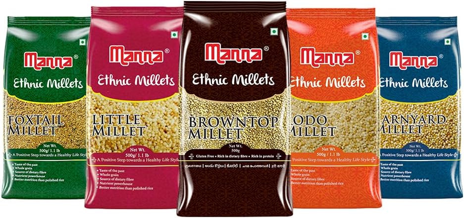 Manna Millets Combo Pack of 5 (with Browntop) | Natural Grains | Browntop 500g, Little 500g, Kodo 500g, Foxtail 500g, Barnyard 500g | Low GI Rice