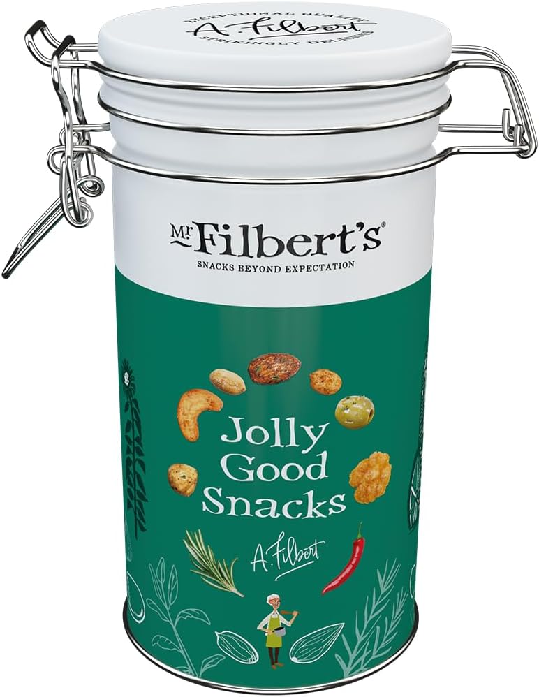 Mr Filbert's - Jolly Good Snacks! Mixed Snack Selection, Savoury Nibbles, Green Olives with Basil and Coriander, Rosemary Almonds, Barbeque Crunchy Corn, Small Tin, 110g